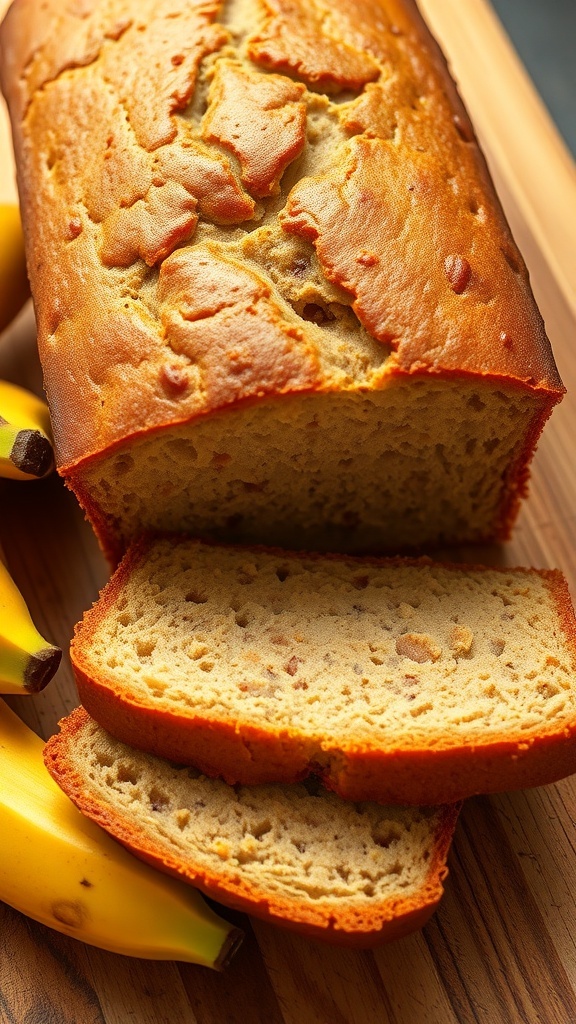 A loaf of moist banana bread sliced, showcasing its soft texture, with whole bananas beside it on a wooden cutting board.